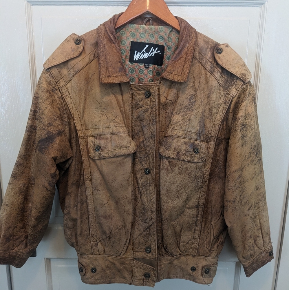 80's Vintage Winlet Brown Leather Bomber Jacket Size S